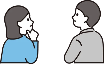 考え込む女性と話を聞く男性のイラスト